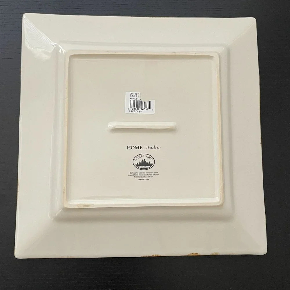 Homestudio Lake Cabin Dinner Plate Square Plaid Rustic‎ Embossed Stoneware 11